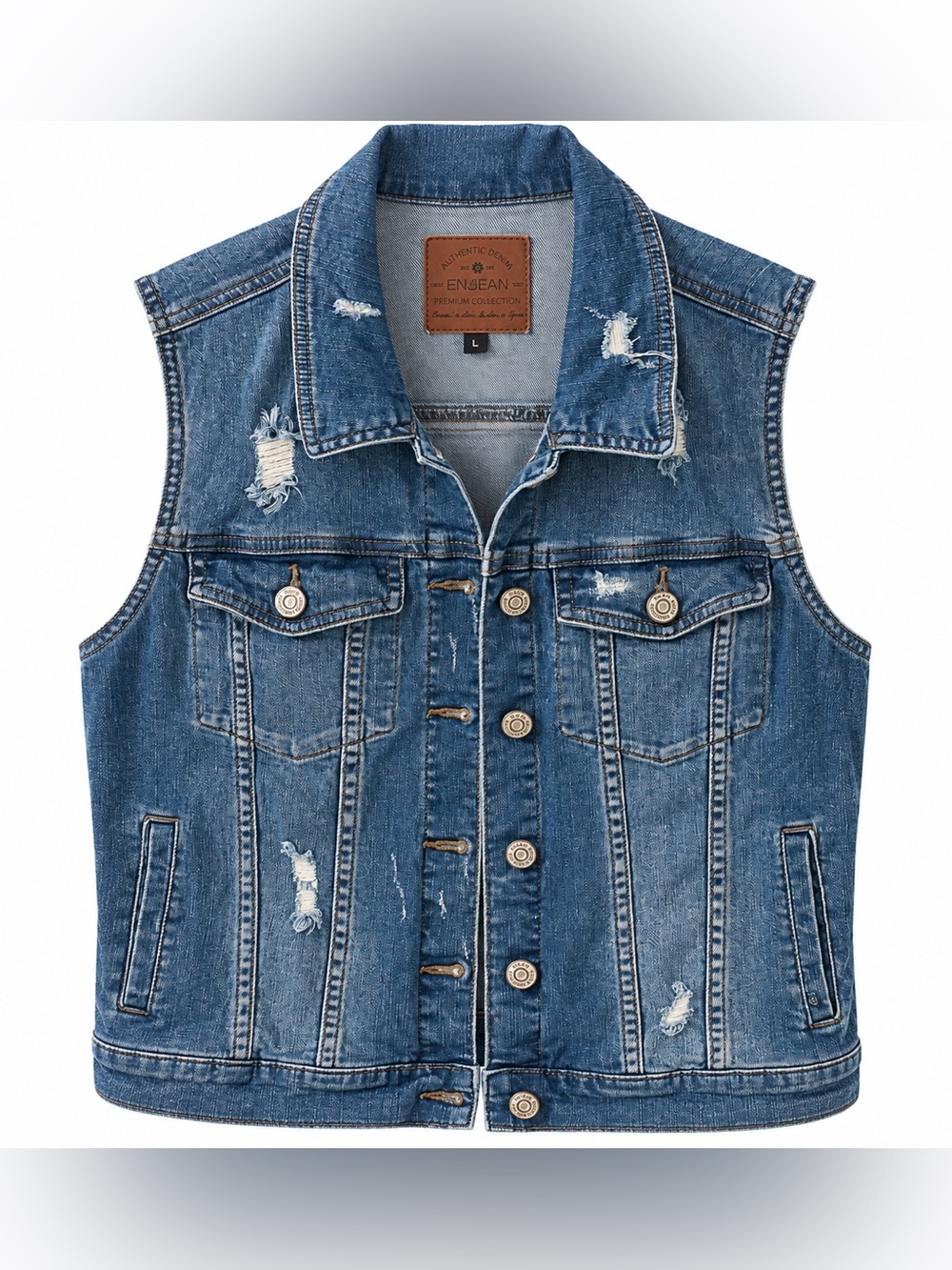 ENJEAN Distressed Denim Vest Women’s Large Medium Wash Stretch Trucker Western